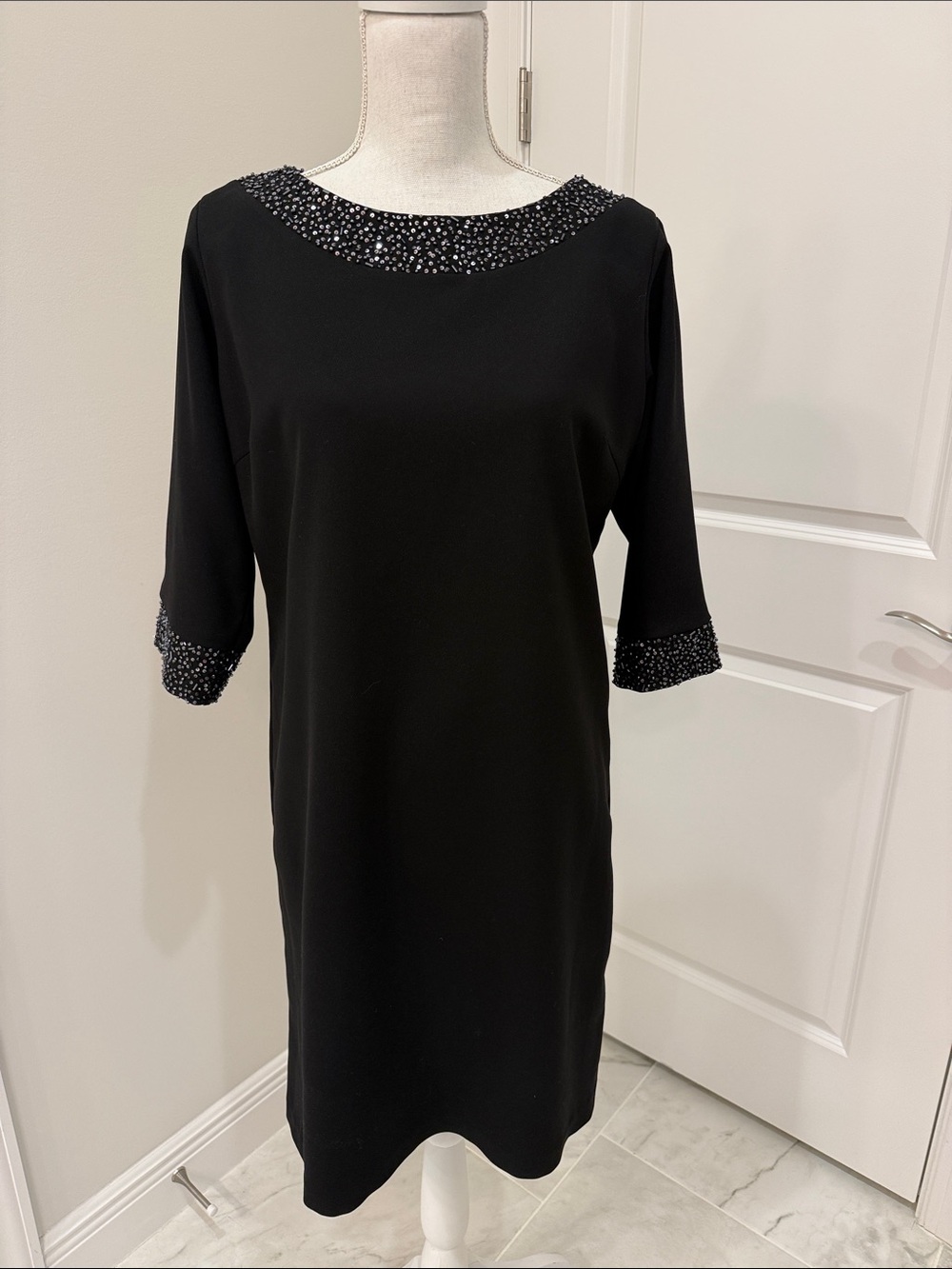 Couture Black Beaded Trim Midi Dress with 3/4 Sleeves